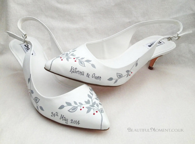 Grey hand painted vine design on white wedding shoes