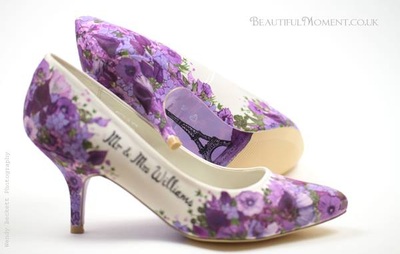 paris theme wedding shoes hand painted with purple flowers