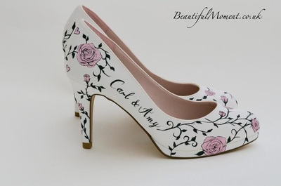 personalised wedding shoes with Hand painted pink roses and black wording