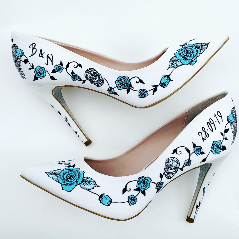  wedding shoes with teal roses and sugar skulls